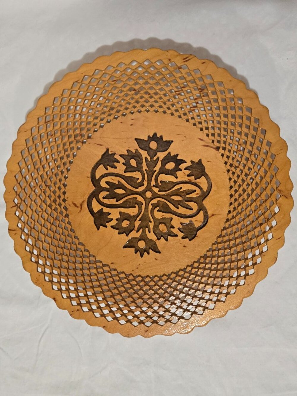 Folk Art Handmade Lace Cut Out Marquetry Bowl